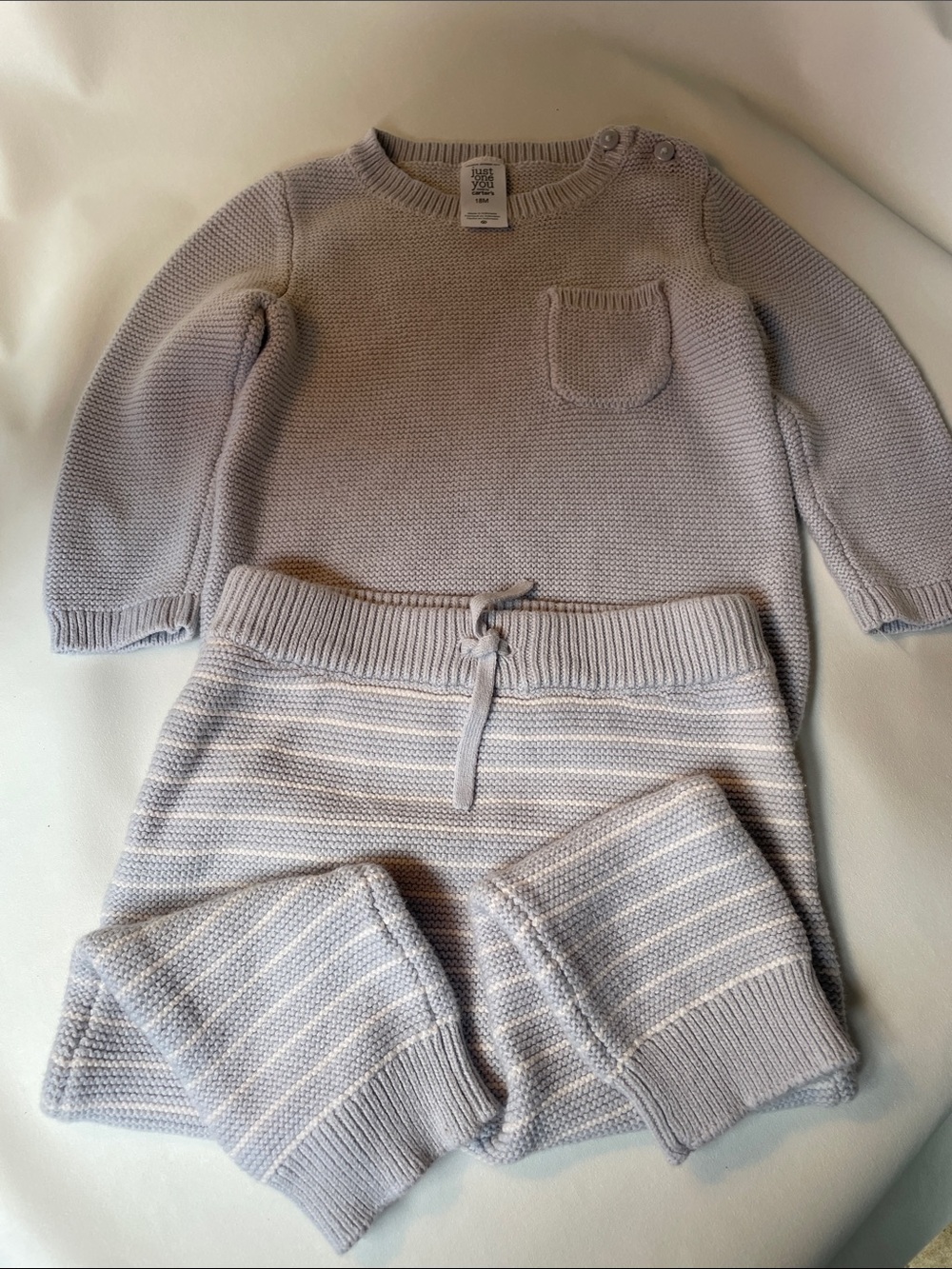 Baby Knit Sweater and Striped Pants Set - Light Gray